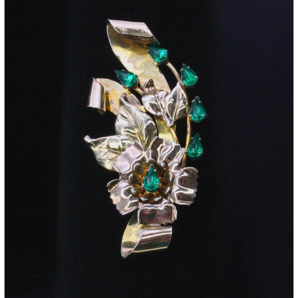 VINTAGE Gold-filled over Sterling Brooch with Green Rhinestones